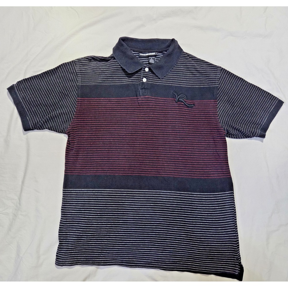VTG ROCAWEAR Short Sleeve Striped Collared Polo Shirt Mens Sz L 100% Cotton Y2K